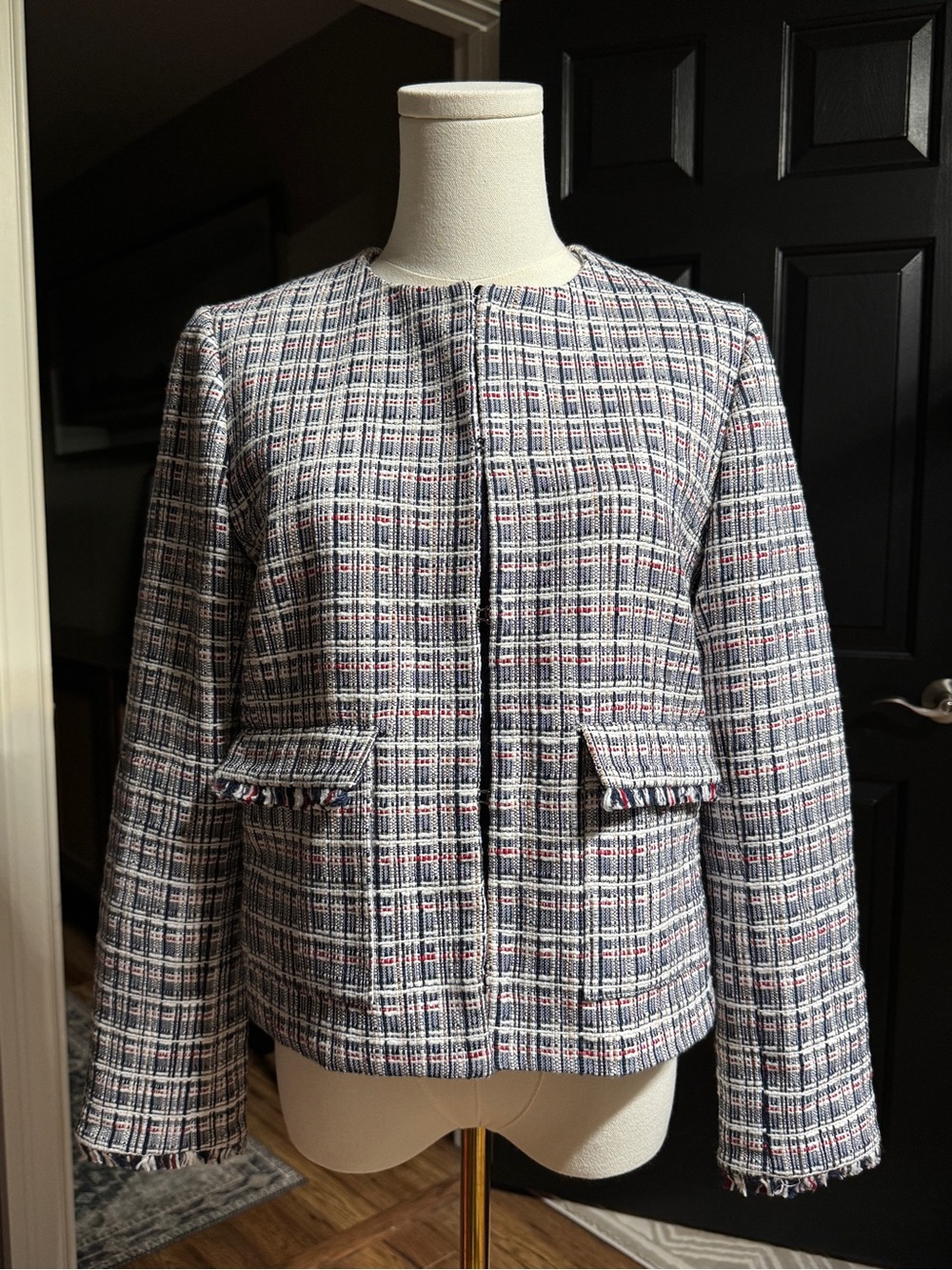 {J. Crew} Blue Red White Cotton Tweed Plaid Fringe Blazer Suit Coat WBZ1